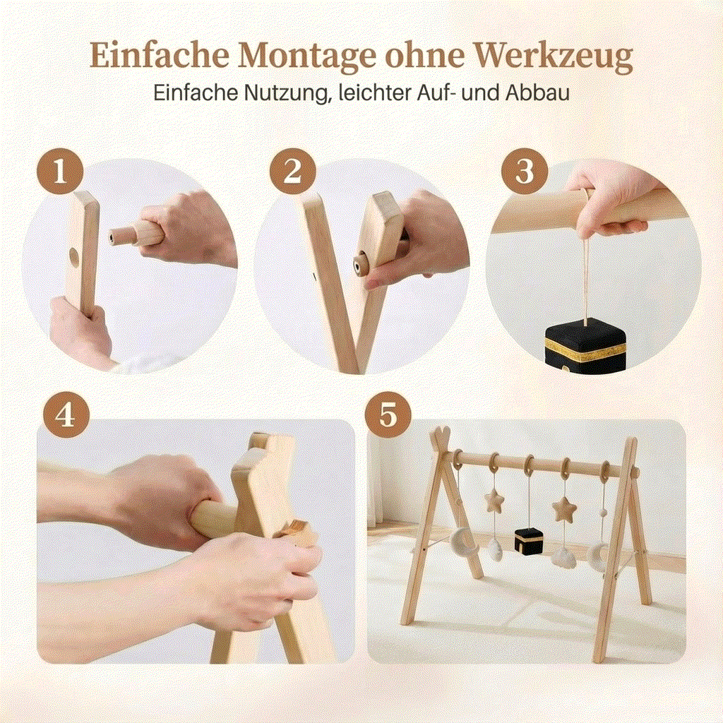 Holz-Entdeckungsbogen en bois naturel avec jouets suspendus et symboles islamiques pour bébé, montage simple sans outil.