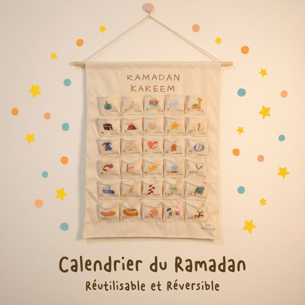 Calendrier du Ramadan réutilisable avec 25 poches illustrées pour rituel familial et décoration Eid Mubarak