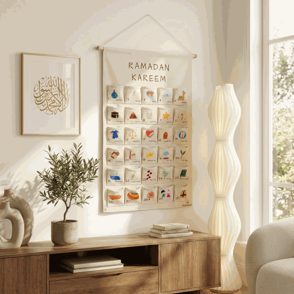 calendrier du ramadan mural en tissu avec pochettes illustrées suspendu dans un salon lumineux décoration eid mubarak traditionnelle