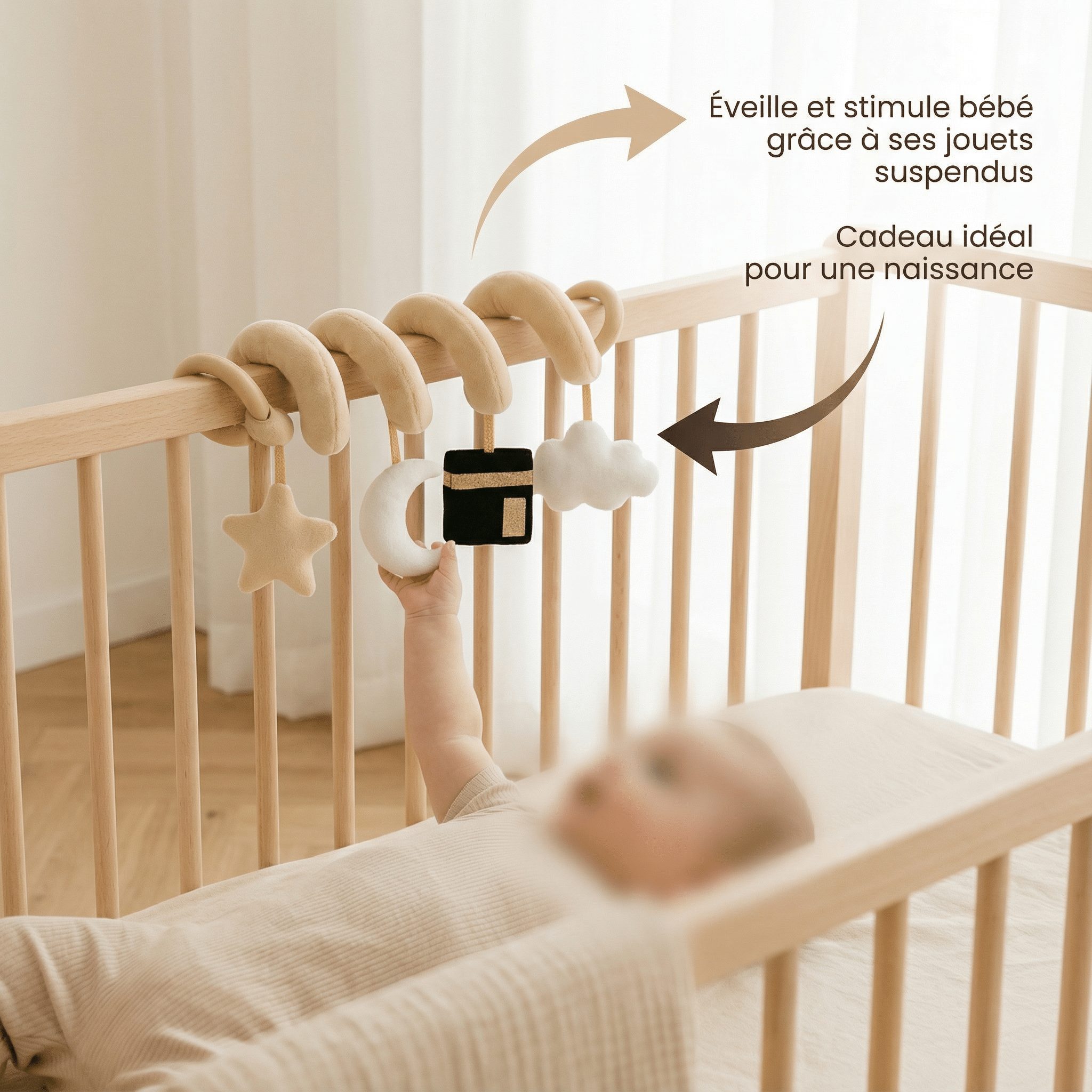 Arche de jeu spirale Kaaba extensible pour bébé, stimule les sens, adaptable cosy et poussette, cadeau naissance idéal