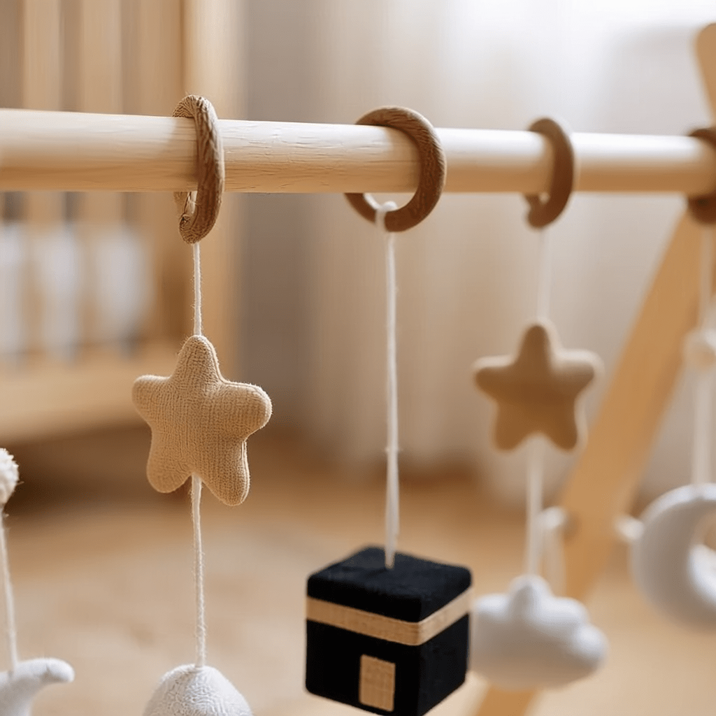 Arche d’éveil en bois avec jouets suspendus et symboles islamiques pour bébé dès la naissance
