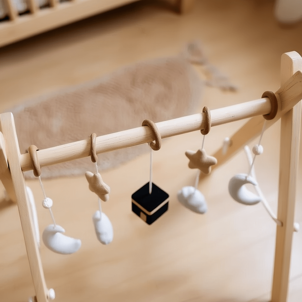Arche de découverte en bois Kaaba avec jouets suspendus en bois naturel et symboles islamiques doux