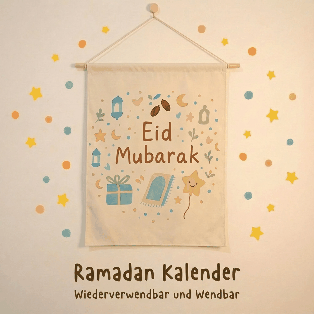 Calendrier Ramadan symbolisant cadeaux, rituels familiaux, histoires des prophètes et décoration Eid Mubarak.