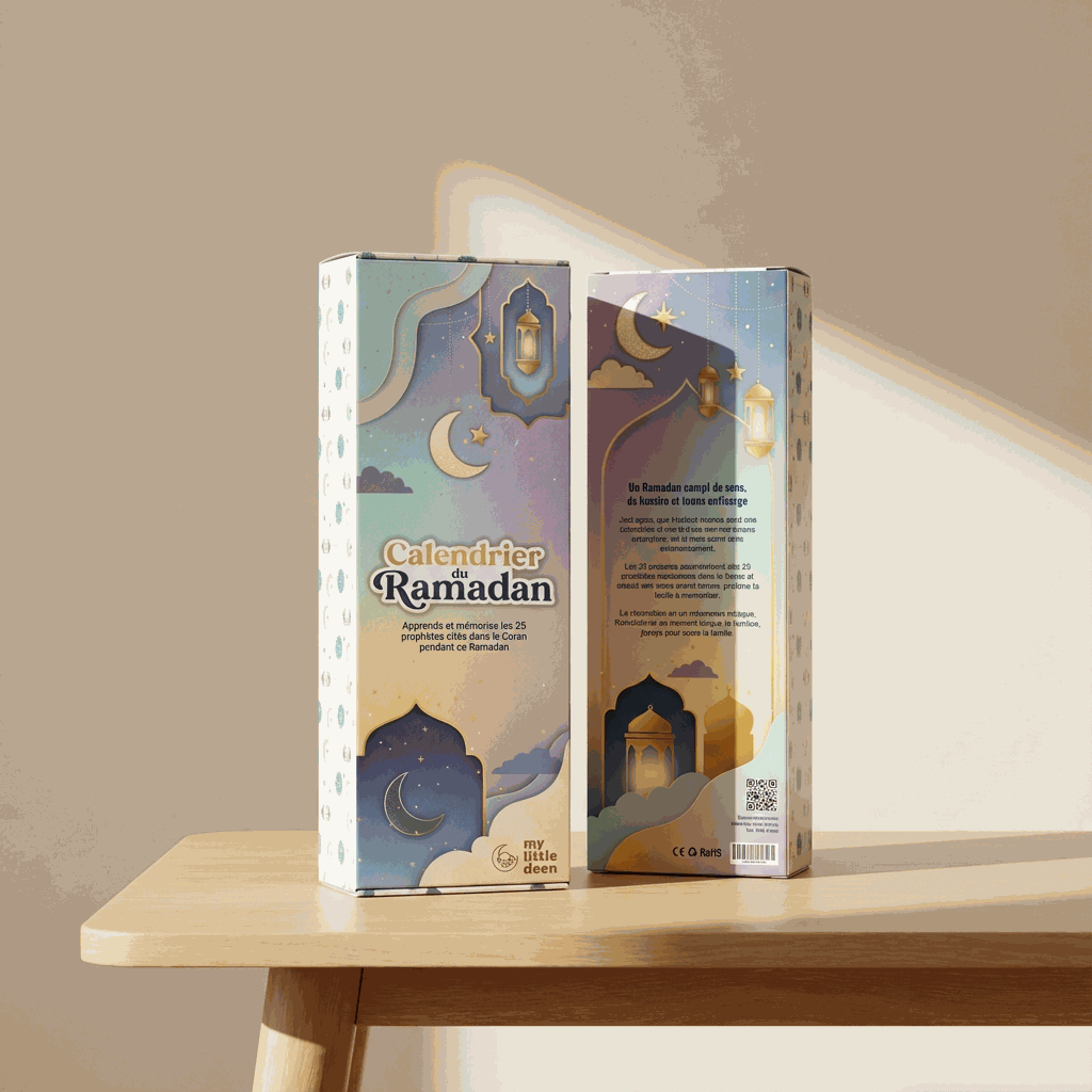 Calendrier du ramadan éducatif pour enfants avec illustration de lanternes et motifs nuit étoilée.