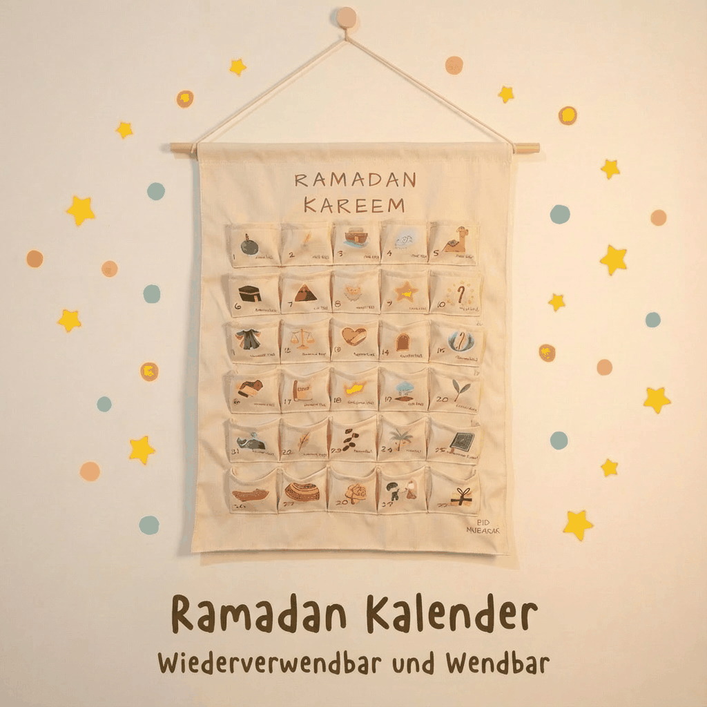 Calendrier Ramadan avec cadeaux, rituels familiaux, histoires des prophètes et décoration Eid Mubarak.