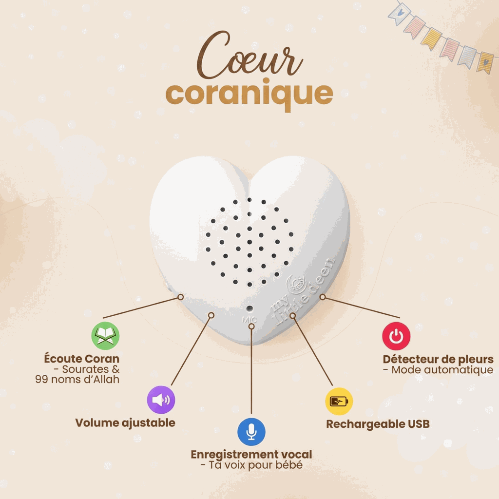 Peluche veilleuse coranique Little Deen avec enregistreur vocal et détecteur de pleurs pour bébé.