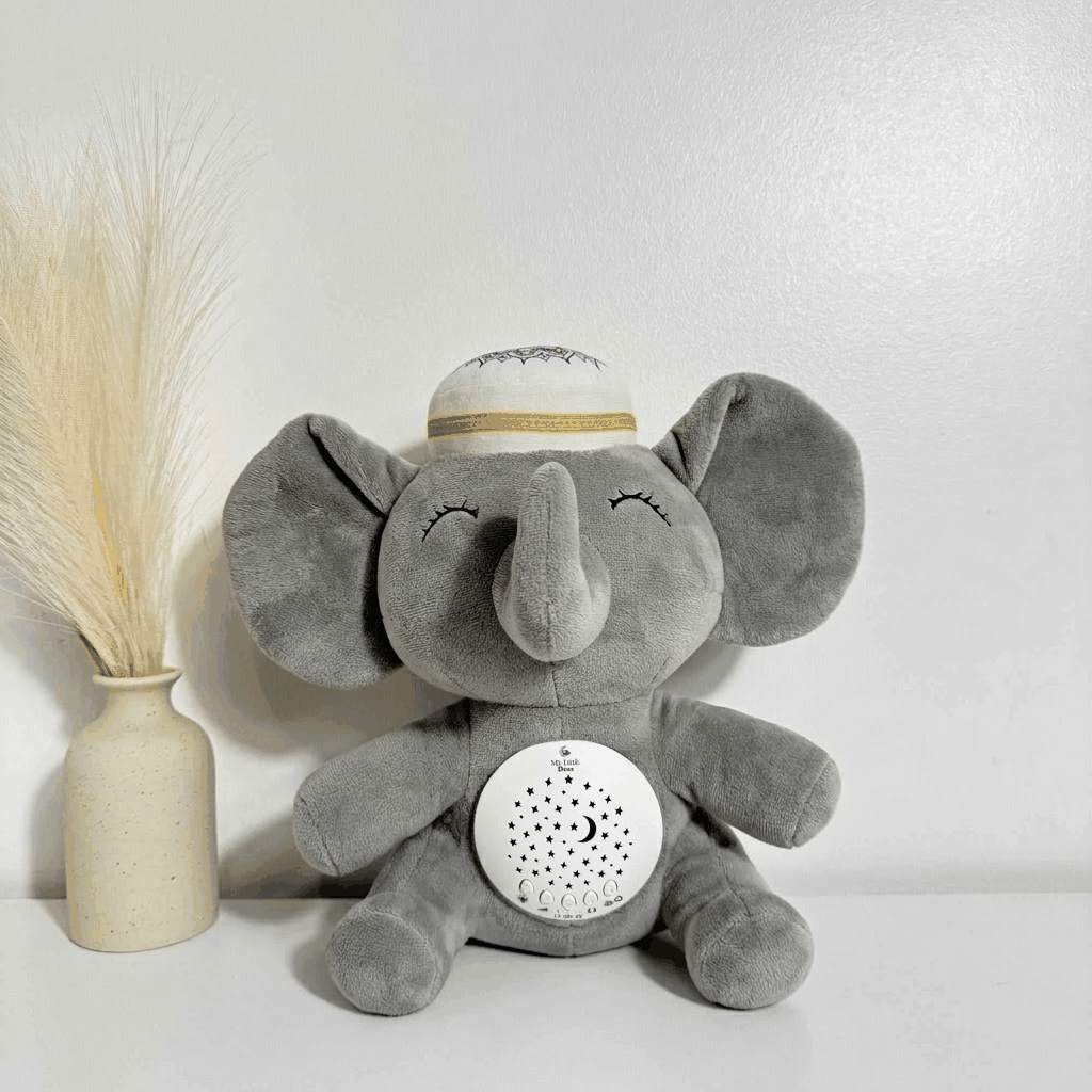 Peluche veilleuse coranique Little Mahmud avec projection d'étoiles et apprentissage des 99 noms d'Allah