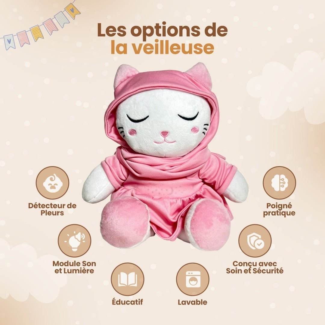 Peluche Little Deen rose éducative avec détecteur de pleurs, module son et lumière, lavable et sécurisé pour enfants