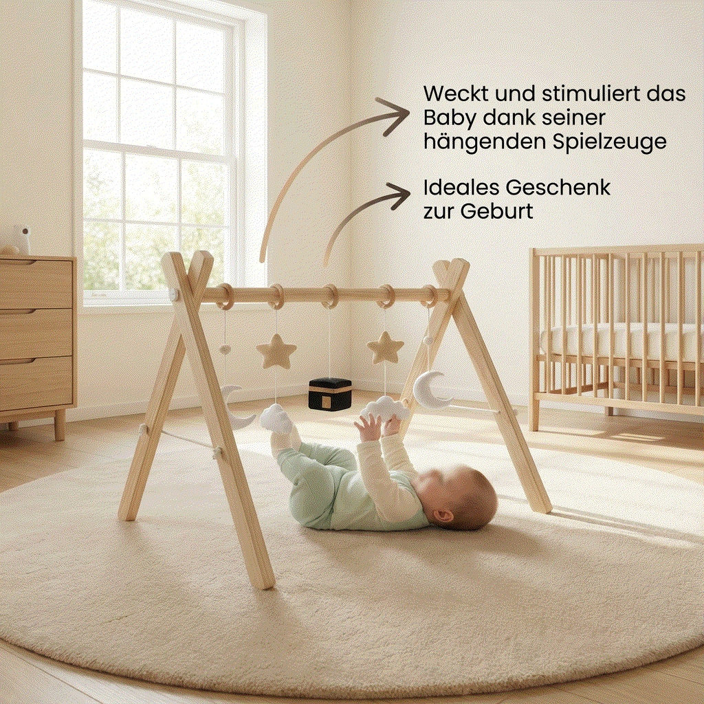 Holz-Entdeckungsbogen en bois naturel avec jouets suspendus et symboles islamiques pour stimuler bébé dès la naissance