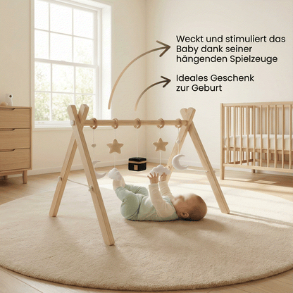 Holz-Entdeckungsbogen en bois naturel avec jouets suspendus et symboles islamiques pour stimuler bébé dès la naissance