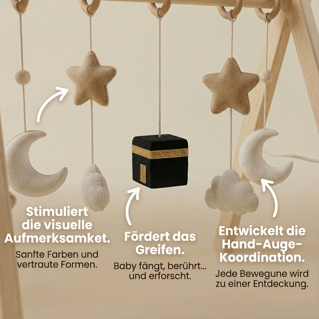 Arche d'éveil en bois avec jouets suspendus Kaaba, lune, étoile et nuage, stimule bébé naturellement