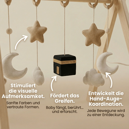 Arche d'éveil en bois avec jouets suspendus Kaaba, lune, étoile et nuage, stimule bébé naturellement