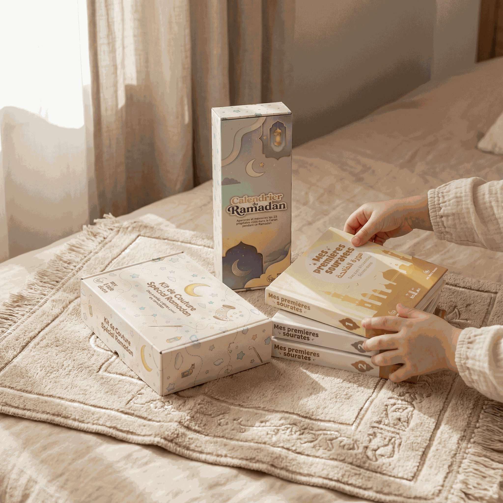 Pack cadeau Ramadan enfant avec livres sonores, kit couture et calendrier préparatoire, idée cadeau Ramadan.