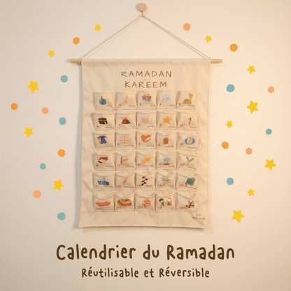 Calendrier du Ramadan réutilisable avec 25 poches illustrées pour rituel familial et décoration Eid Mubarak