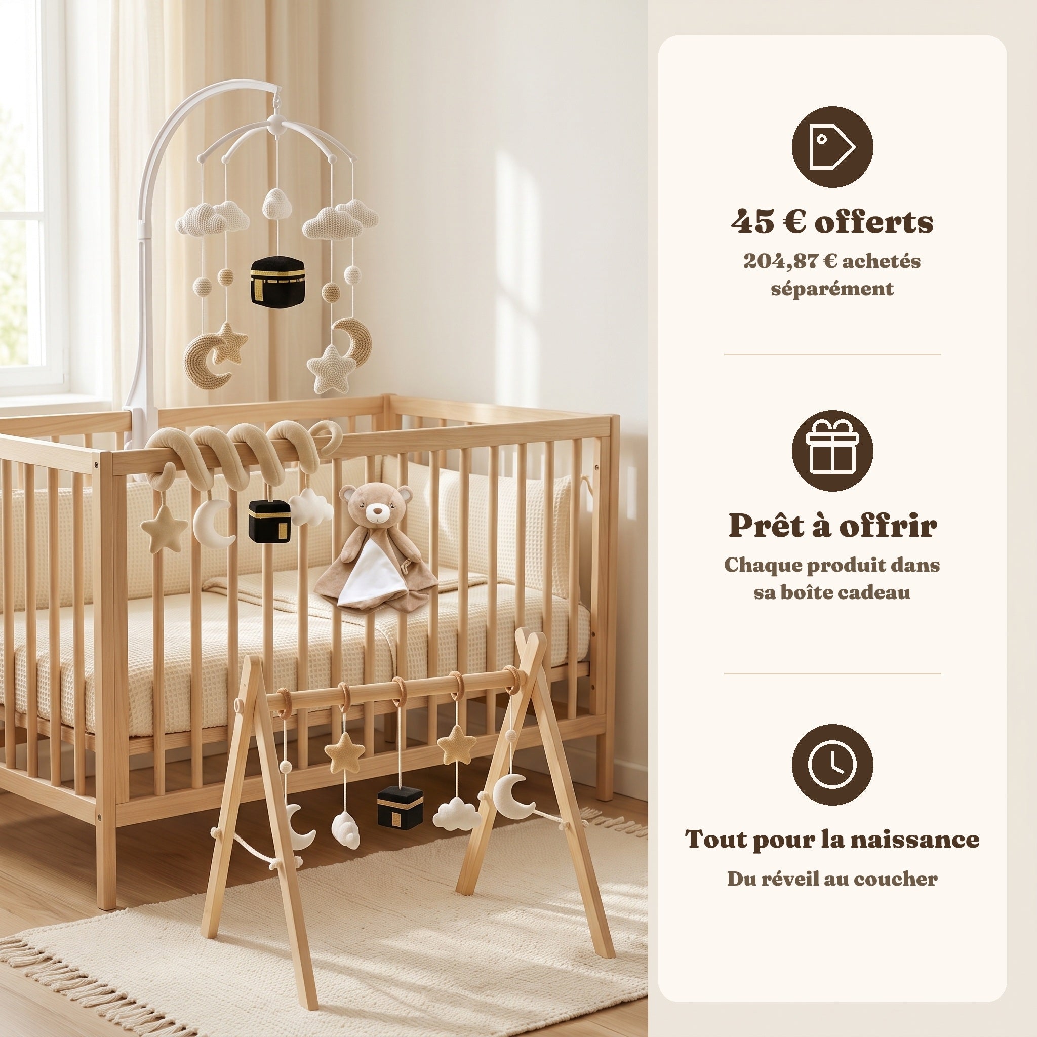 Coffret naissance My Little Deen installé dans une chambre de bébé : 45 € offerts, prêt à offrir, tout pour la naissance
