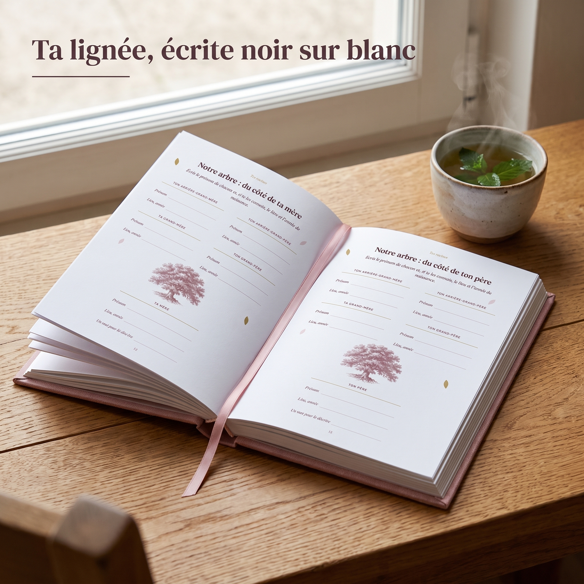 La page arbre généalogique du journal Oumi, ta lignée écrite noir sur blanc
