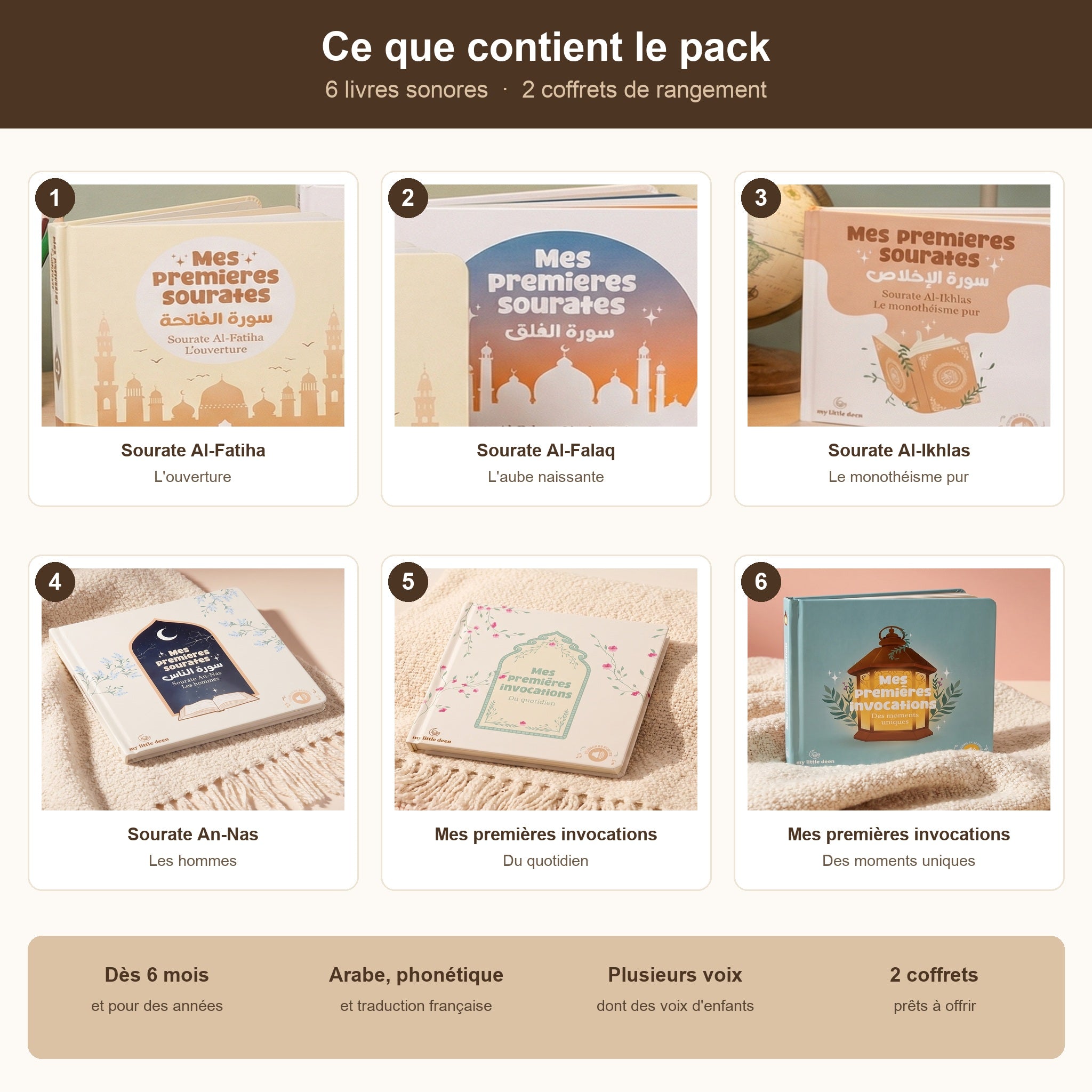 Contenu du pack de 6 livres sonores : 4 sourates, 2 livres d'invocations et 2 coffrets de rangement, dès 6 mois, arabe, phonétique et traduction française
